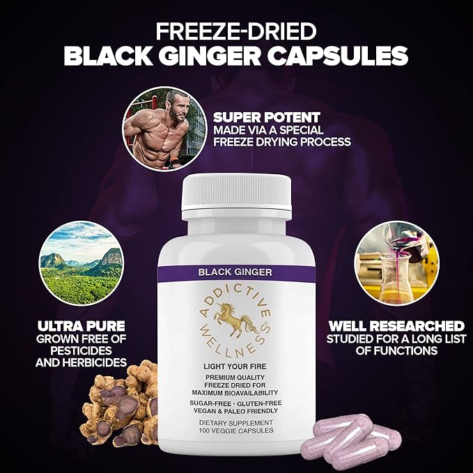 Addictive Wellness Black Ginger Capsules 450mg, Kaempferia Parviflora Supplement to Support Energy, Metabolism, Endurance & Performance, Thai Black Ginger for Men, Vegan & Paleo, 100 Count