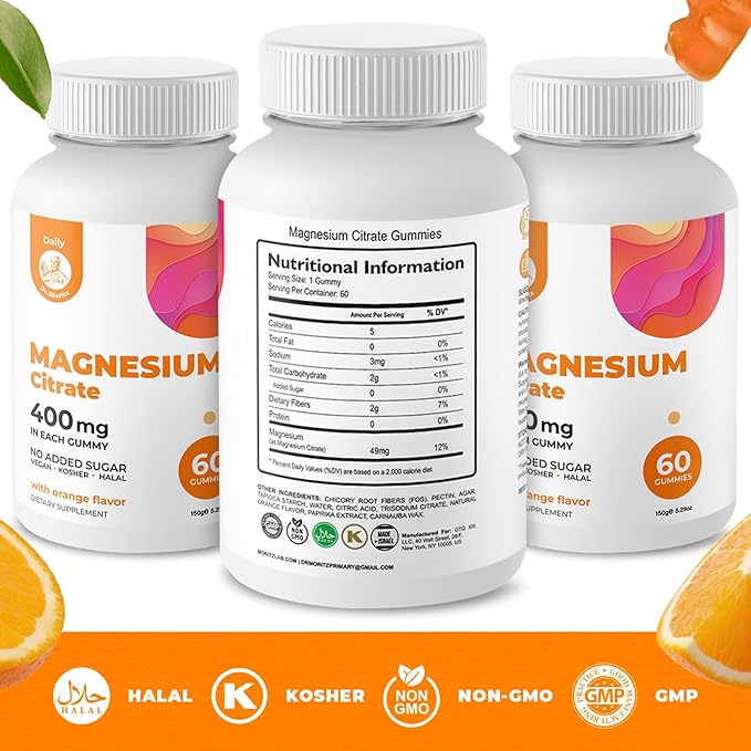 Magnesium Gummies Sugar-Free - Calm Magnesium Supplement for Children, Sugar-Free Magnesium Citrate Gummies for Kids & Adults 400mg (Orange Flavor-120 Count)