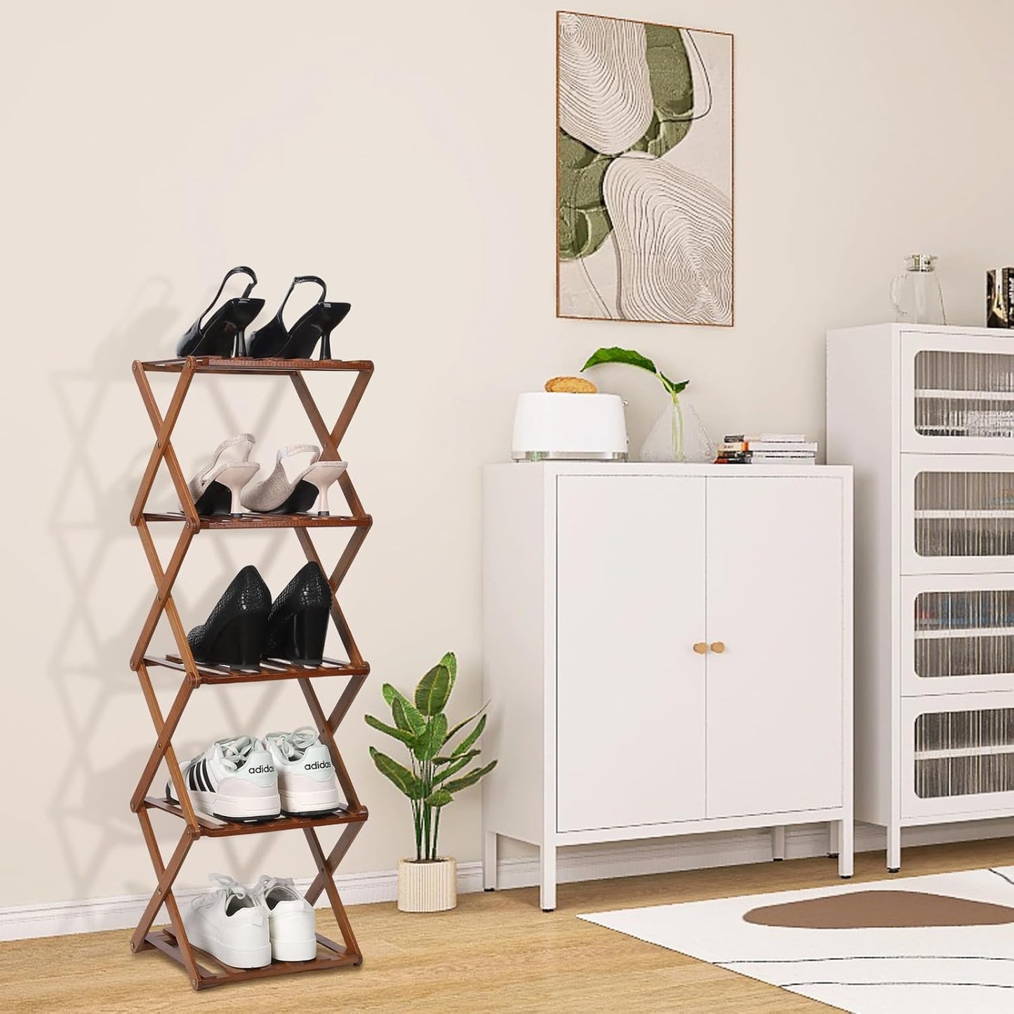 Bamboo Shoe Rack 5 Tier Foldable Shoe Rack Vertical Bamboo Shoe Organizer Free Standing Shelf for Entryway, Closet, Bedroom, Walnut Color