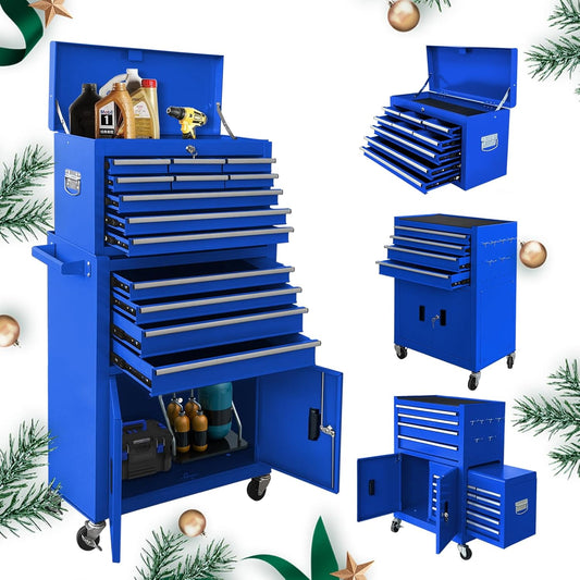 13-Drawer Rolling Tool Chest with Double Doors, 2 in 1 Detachable Rolling Tool Chest Combo, Mobile Tool Cabinet with Drawers, Metal Large Lockable Tool Box for Garage Workshop (Blue)
