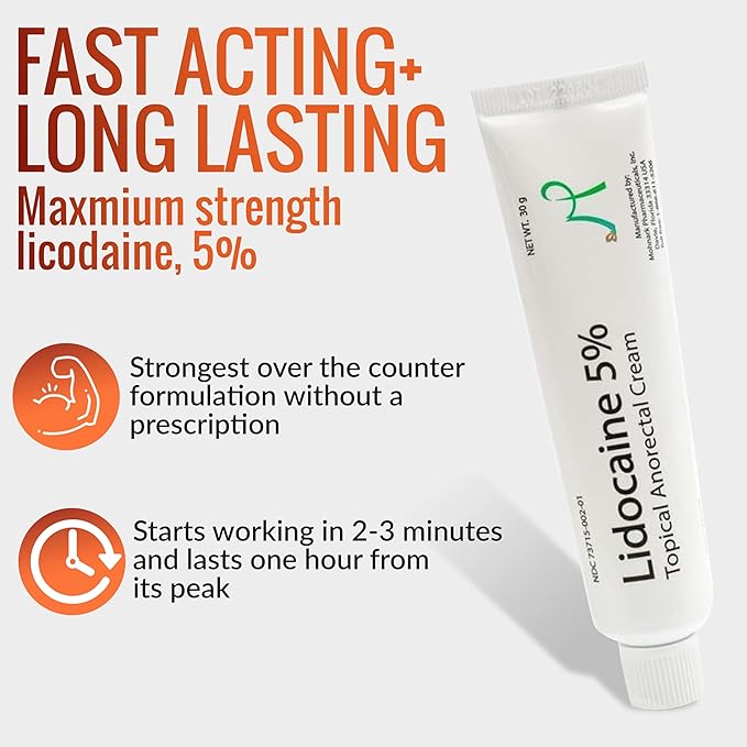 Maximum Strength 5% Lidocaine Hemorrhoid Treatment Cream for External and Internal Hemorrhoids Treatment Burn Itch Pain Relief Topical Anorectal Cream - 30 Gram Tube Made in USA