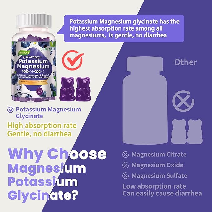 Potassium Magnesium Gummies,High Absorption Magnesium Glycinate,B6,D3,Potassium Citrate for Leg Cramps,Muscle,Electroyte for Adults Kids,Sugar-Free, 60 Gummies (Blueberry Flavor)