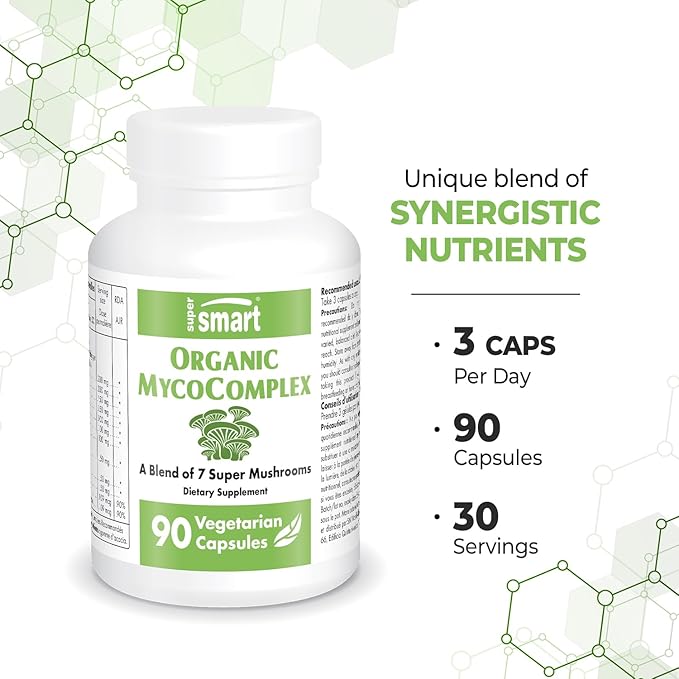 SuperSmart Organic MycoComplex (High Strength) - 7-in-1 Mushrooms Supplement - with Shiitake, Chaga, Reishi, Maitake, Cordyceps, Polypore, Agaricus | Non-GMO & Gluten Free - 90 Vegetarian Capsules