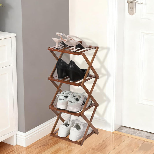 Bamboo Shoe Rack 4 Tier Foldable Shoe Rack Vertical Bamboo Shoe Organizer Free Standing Shelf for Entryway, Closet, Bedroom, Walnut Color