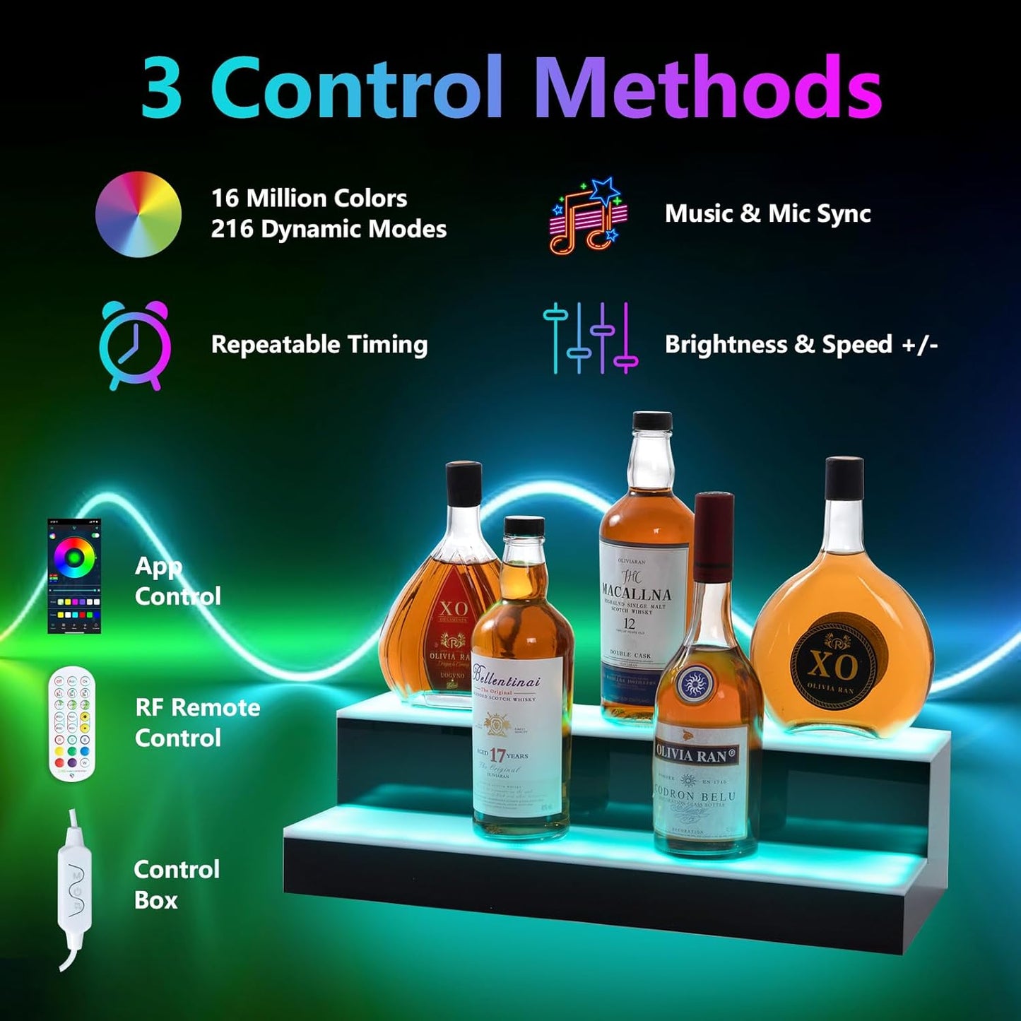 Led Lighted Liquor Bottle Display Shelf, 20 Inch 2 Tier Whiskey Rack, Support USB, Bar Stand with RF Remote & App Control, Illuminated Acrylic Lighting Shelves for Home Bar, Party