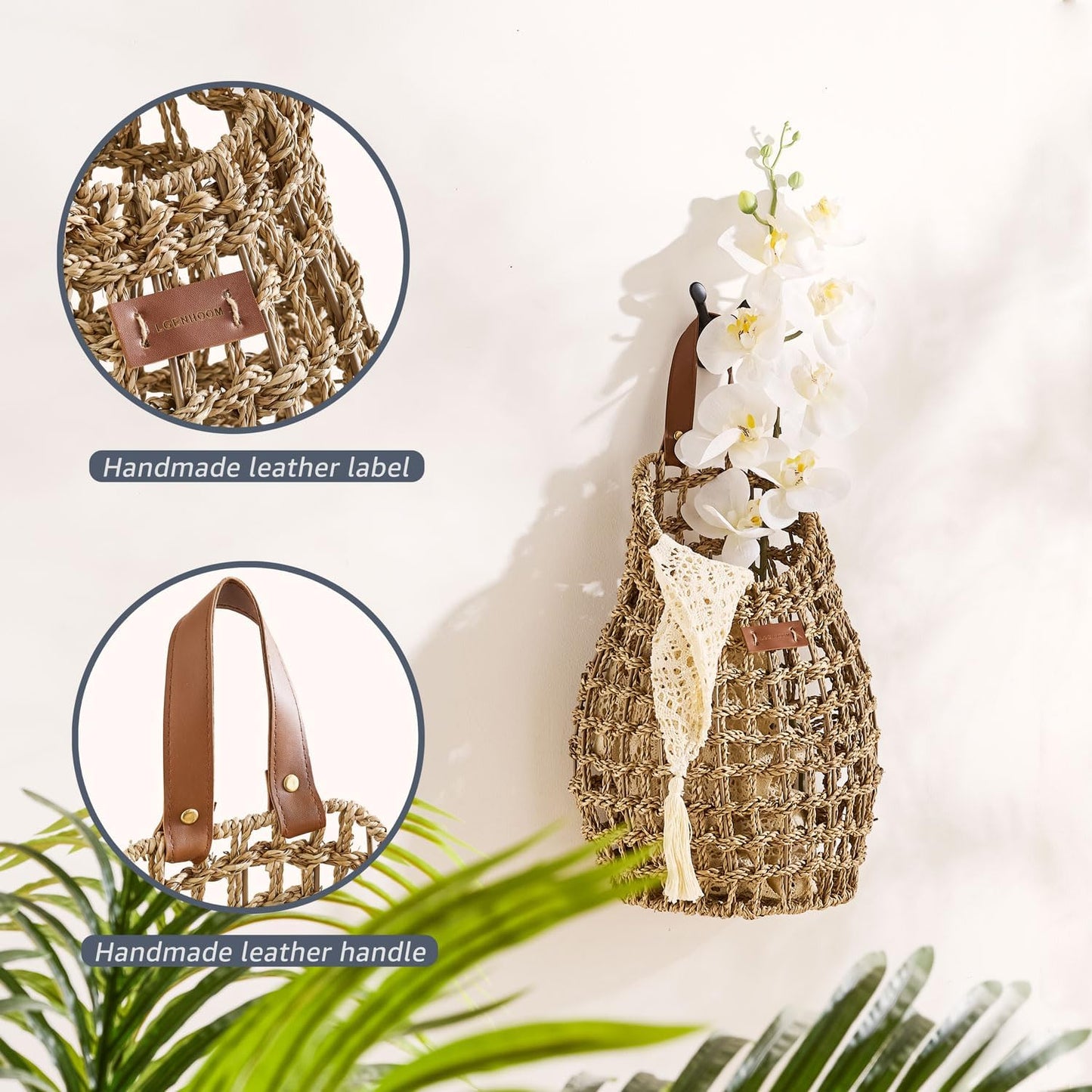 Woven Front Door Basket Water Hyacinth Wall Hanging Basket Decorative Boho Mounted Organizer for Dried Flower Plants Storage Basket for Garden, Home, and Farmhouse Décor (B_Seagrass)