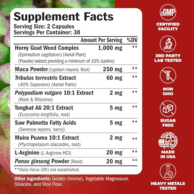 Maca Root, Saw Palmetto & HornyGoatWeed For Men – Tongkat Ali and Panax Ginseng Supplement for Energy, Drive & Strength – Workout Supplement For Men with Tribulus Terrestris & L-Arginine – 60 Capsules