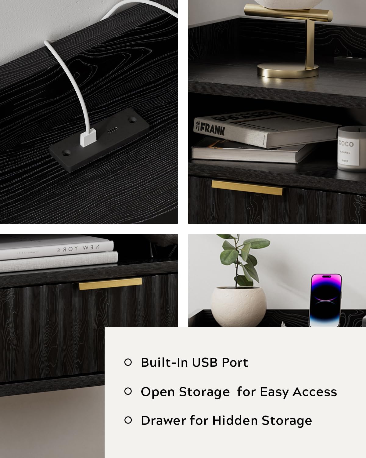 Fluted Floating Nightstands Set of 2 with Drawer, Modern Small Wall Mounted Storage Night Stand with Charging Station, Wood Bedside Table USB C & USB A Ports, Black