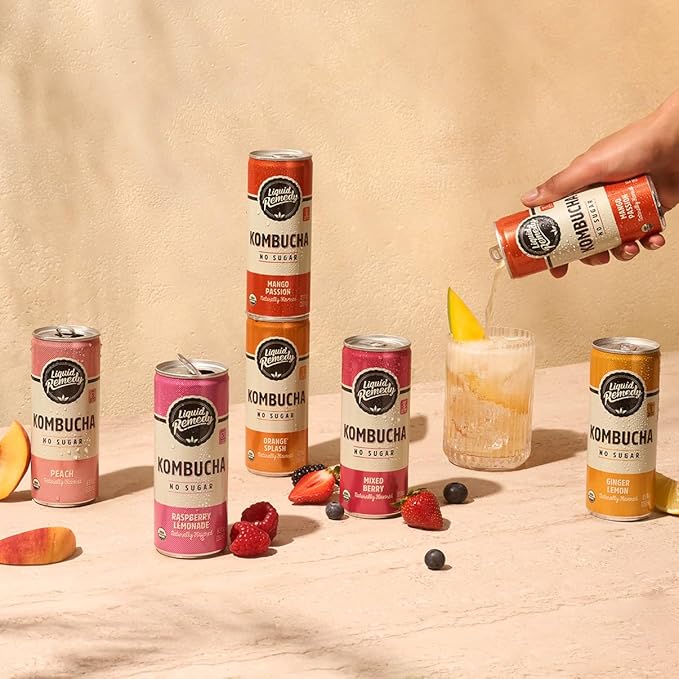 Liquid Remedy Kombucha Sugar Free Organic Drink, Low Calorie, Probiotic Like Tea for Gut Health - Super Sampler Variety Pack - 8.5 Fl Oz Can, 24-Pack