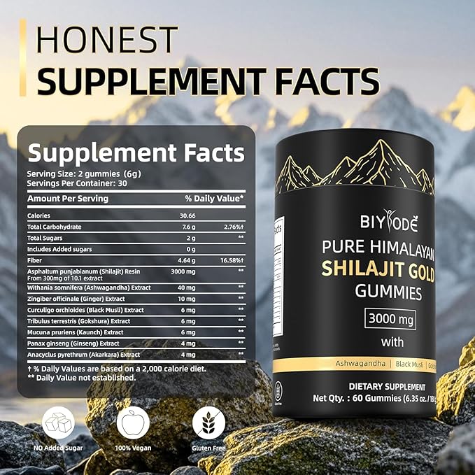 Pure Himalayan Shilajit Gummies: Rich in Ashwagandha, Gaulshura, Fulvic Acid, 85 Micronutrients. Suitable for Men. No Added Sugar. Non-GMO. 100% Natural Organic. 60 Gummies.