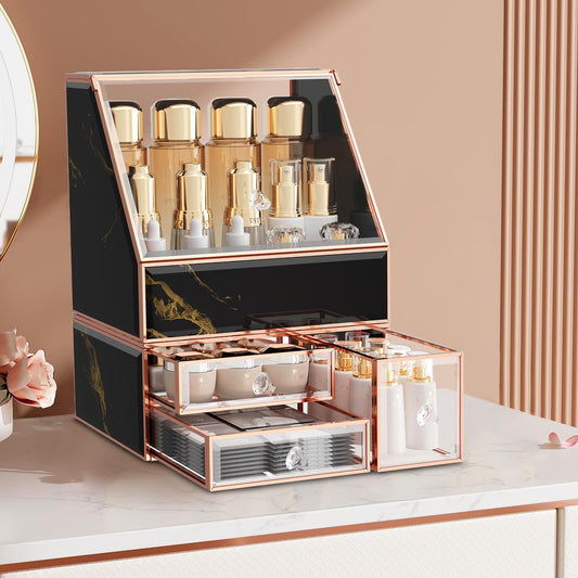 Makeup Organizer for Vanity, Black Makeup Organizer with Drawer, Skincare Holder for Bathroom Countertop,Cosmetic Display Case for Dresser