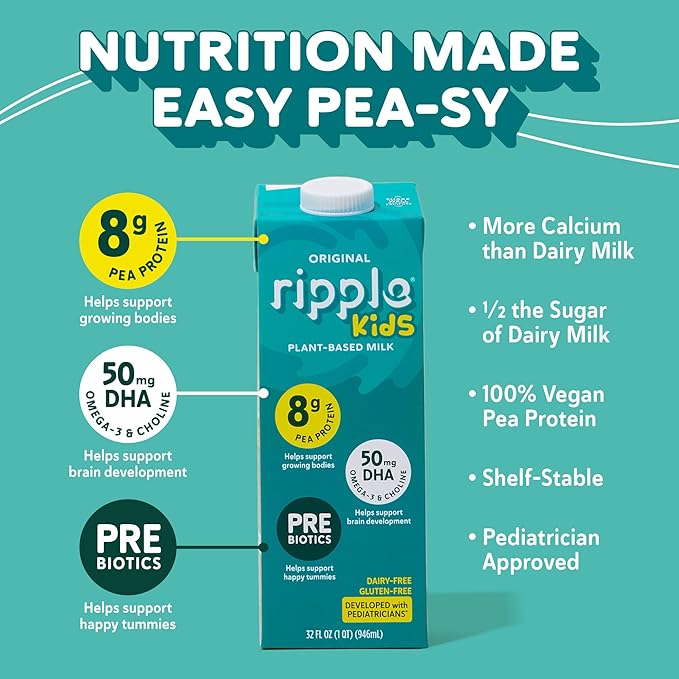 Ripple 32 oz Plant Based Milk 8g of Quality Sourced Pea Protein, Calcium Rich | Shelf Stable | Vegan & Non GMO Certified | Dairy, Soy, Nut, Gluten, & Lactose Free (Pack of 6) (32 Fl Oz (Pack of 6), Kids Original)