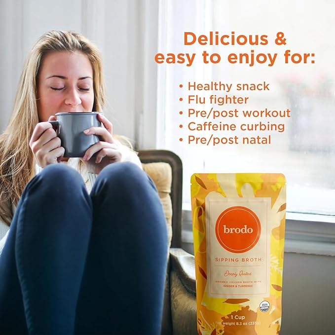 Brodo Organic Chicken Bone Broth, Protein-Rich Bone Broth with Collagen, Nourishing Chicken Broth Low Sodium for Sipping and Cooking, Slow-Simmered for Deep Flavor, (4x 25 oz. Pouches)