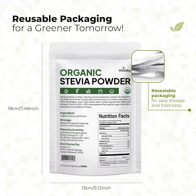 Viccoky Organic Stevia Powder 3oz (86g), Pure Stevia Extract Powder, Sugar-Free & 0 Calories, No Additives, Sugar Substitute, Natural Sweetener