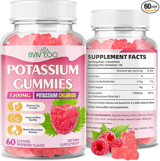 Sugar Free Potassium Gummies for Adults with 1200mg Potassium Chloride - Supports Muscle Health & Leg Cramps, Raspberry Flavor, 60 Gummies