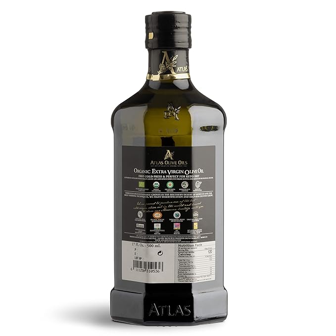Atlas Organic Cold Pressed Moroccan Extra Virgin Olive Oil in Glass Bottle, Polyphenol Rich | EVOO From Morocco, Newly Harvested Unprocessed from One Single Family Farm | Trusted by Award-Winning Chefs | 500 mL
