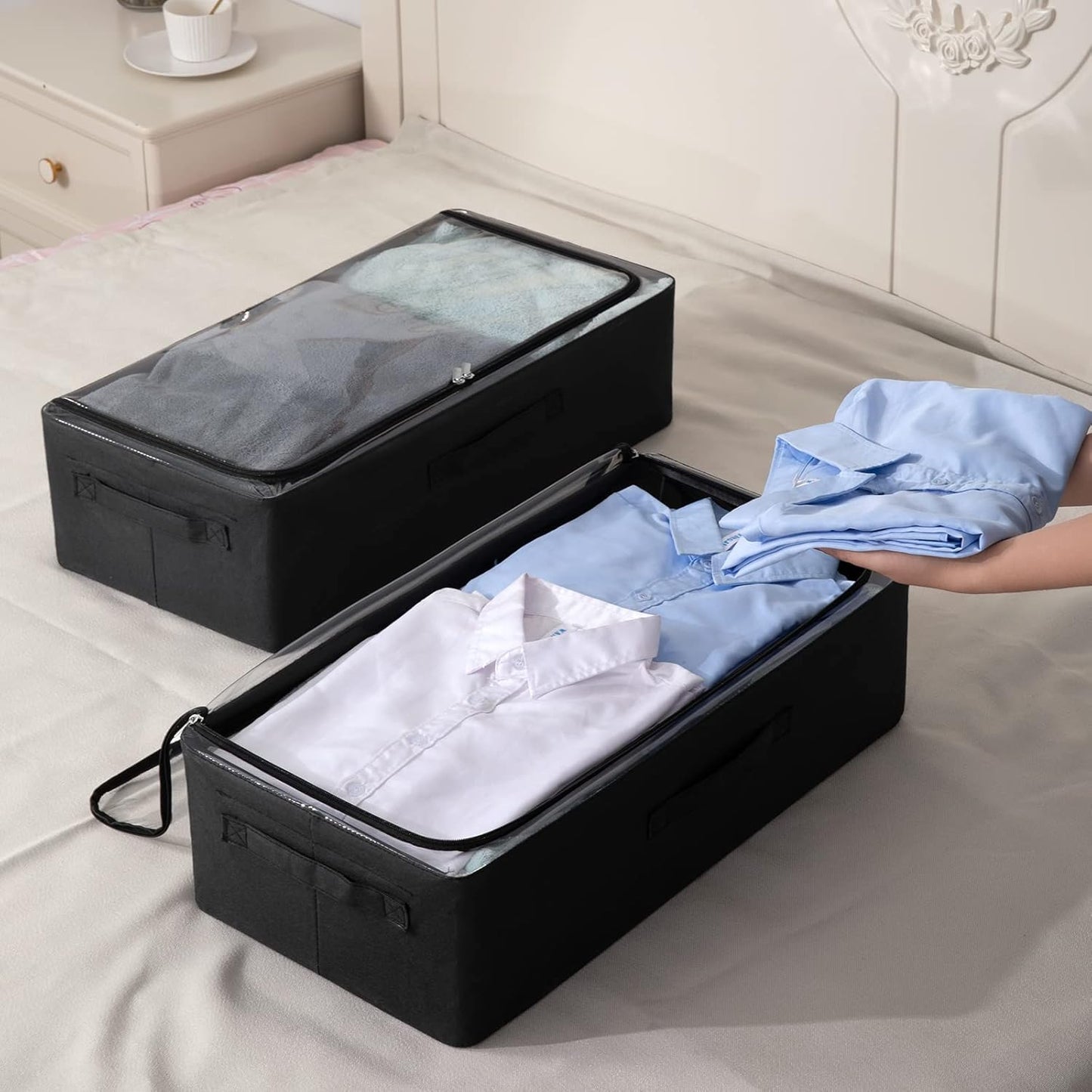 Under Bed Storage Bins Frame Storage Box Oxford Fabric Sturdy Underbed Container Foldable Stackable Large Capacity Clothes Organizer