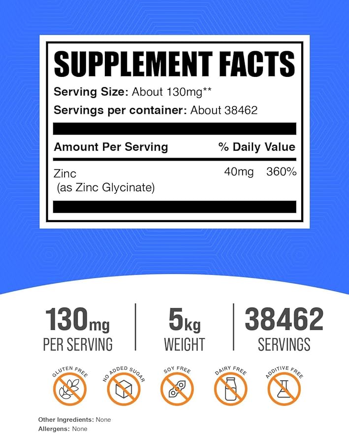 BulkSupplements.com Zinc Glycinate Powder - Zinc Supplement, Mineral Supplement for Immune Support - Gluten Free, 130mg per Serving, 5kg (11 lbs) (Pack of 5)