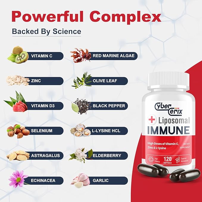 Advanced Liposomal Immune Supplement, Complex with L-Lysine 1,500mg, Vitamins, Minerals & Herbal Extracts, Comprehensive Daily Wellness Blend for Men & Women - 120 Capsules