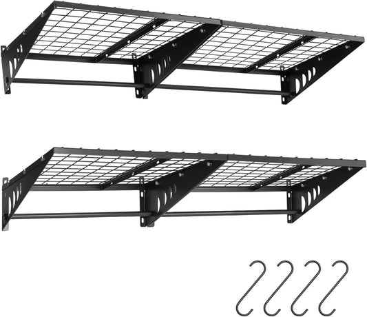 Garage Shelving 2x2ft 4-Pack, Garage Storage Rack 24"x24" Metal Shelves Black Wall Mounted with rods & 4 Hooks, Heavy Duty Wall Shelving Floating Shelves, 880lbs Total load Capacity
