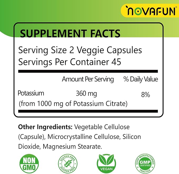Potassium Citrate 1000mg, Potassium Supplement for Leg Cramps, Muscle & Heart Health, Vegan, Non-GMO, Gluten Free, 90 Capsules