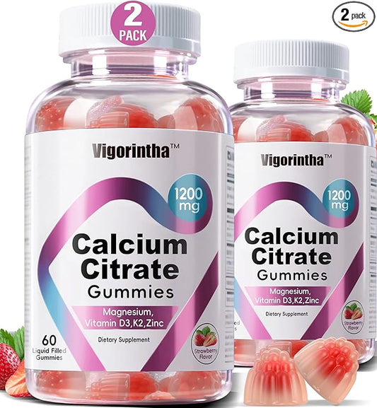 Calcium Citrate Gummies 1200mg with Magnesium,Vitamin D3, K2, Calcium Supplements for Women & Men- Easy to Digest, Vegan, Gluten Free,Sugar Free- Strawberry Flavor, 120 Calcium Gummies