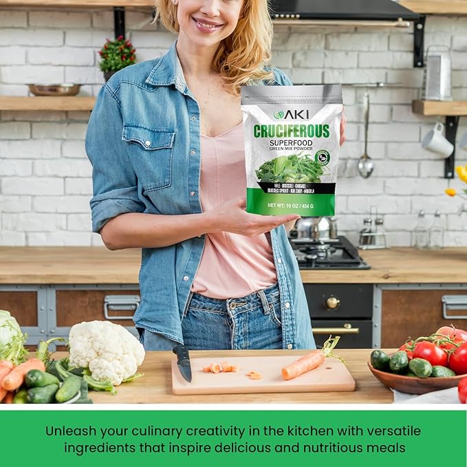 AKI Cruciferous Superfood Green Mix Powder - Made from Kale, Broccoli, Brussels Sprouts, Cabbage - Packed with Essential Phytonutrients & Vitamins ((16oz/454g))