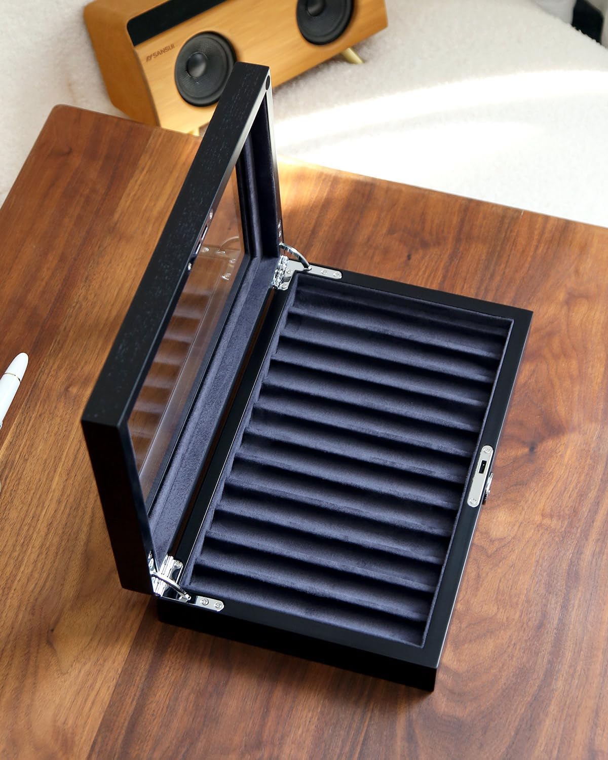 Wooden Pen Display Case – 12 Slot Lockable Fountain Pen Storage Box, Black Collectors Display with Glass Top, Gift for Men