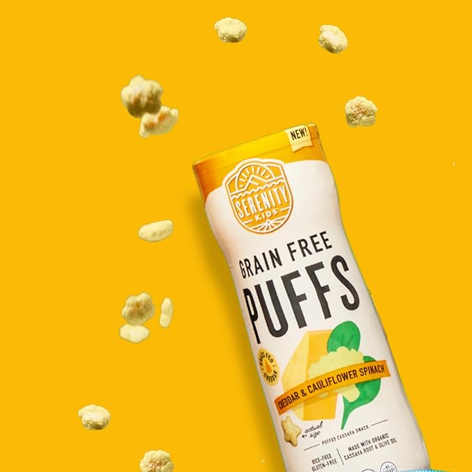 Serenity Kids 6+ Months Grain Free Puffs Toddler & Baby Snack | No Added Sugar, Gluten & Rice Free, Allergen Free | Made with Organic Cassava, Veggies, & Herbs | White Cheddar & Cauliflower | 1 Count