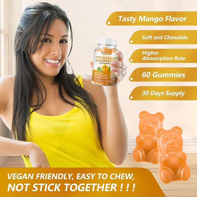 Potassium Magnesium Supplement for Adults Kids, Sugar-Free Potassium Gummies Supports Leg Cramps & Muscle & Immune Health, Non-GMO Vegan Magnesium Glycinate Gummies Mango Flavor 120 Count
