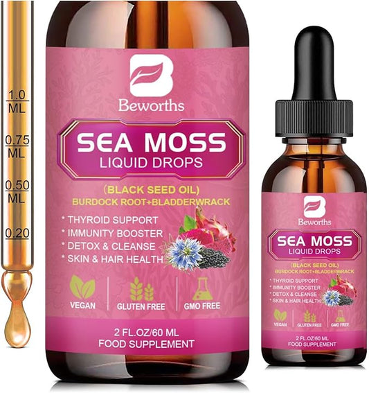 B BEWRTHS Sea Moss Liquid Drops - Black Seed Oil & Irish Sea Moss Gel with Burdock Root Bladderwrack, Elderberry, 6X Stronger Qrganic Seamoss Raw Supplement for Digestive, Hair Health - Vegan, 2 Fl.oz