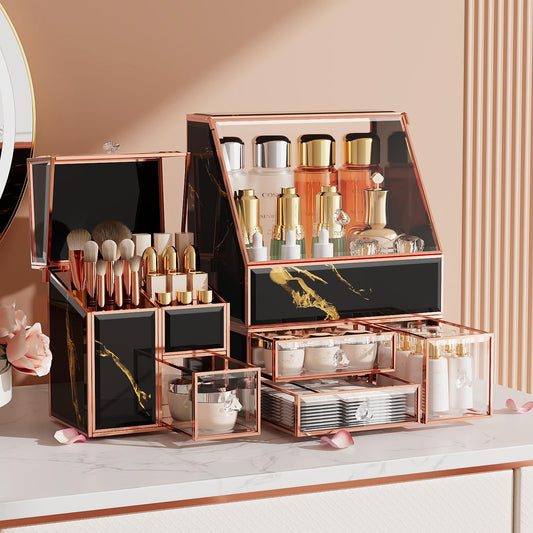 Makeup Organizer Black,Glass Vanity Organizer for Skincare, Perfume, Brushes & Lipsticks – Countertop Makeup Storage Box for Women, Bathroom or Dresser