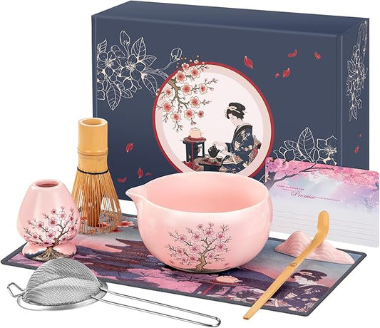 DELLAN Matcha Whisk Set, Cherry-Blossom Matcha Set Making Kit Includes Ceramic Matcha Bowl, Whisk and Holder, Bamboo Scoop, Scoop Rest, Sifter, Greeting Card and Tea Towel - 8 Pcs Matcha Set Pink