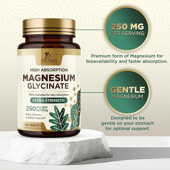 Magnesium (Glycinate) - Magnesium Supplement for Heart Health, Nerve, Muscle, Bone, and Sleep Support - 100% Chelated & High Absorption - 250 mg per Serving - Gluten Free, Vegan, Non-GMO - 120 Count