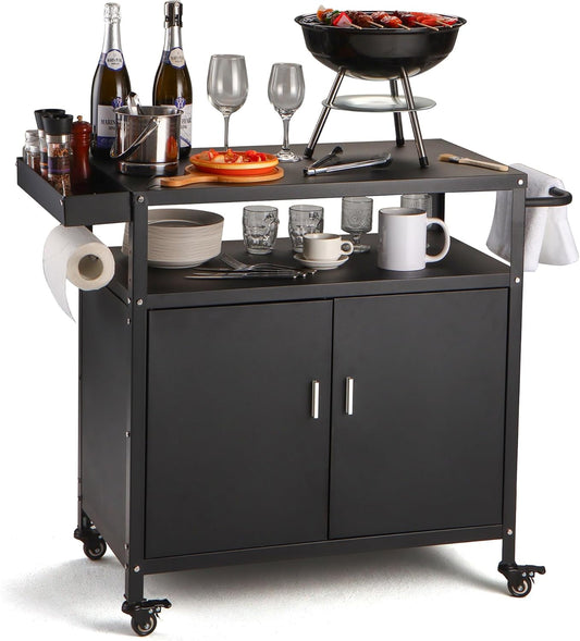 Grill Cart with Storage, Outdoor Bar Cart Rolling BBQ Cart Movable Pizza Oven Table Stand with Foldable Stainless Steel Top & Storage Cabinet, Black（34.6 x 17.7 x 34.6 Inch）