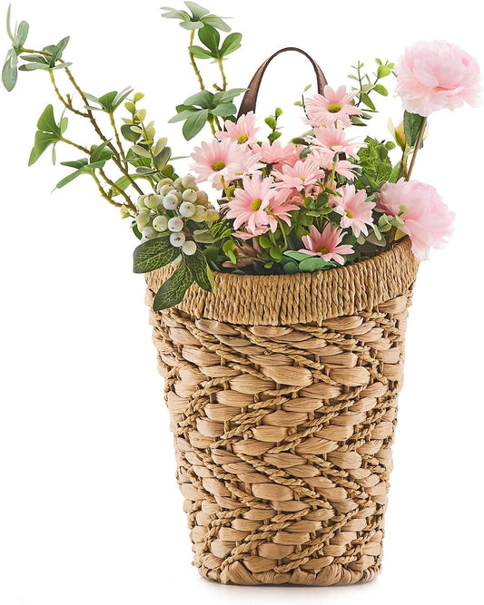 Handwoven Front Door Basket Water Hyacinth Wall Hanging Basket Decorative Boho Mounted Organizer for Dried Flower Plants Storage Basket for Garden, Home, and Farmhouse Décor