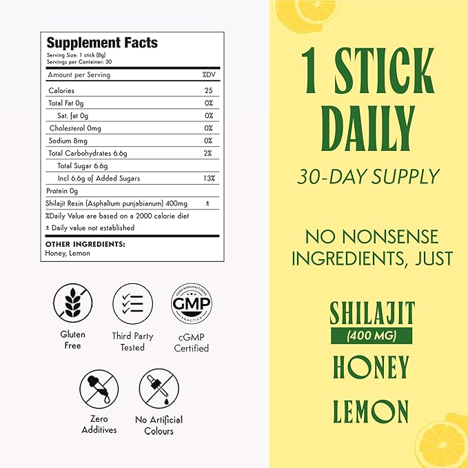 Pure Himalayan 400mg Shilajit Honey Sticks for Men & Women Health - Lemon Flavor | Pack of 30 Premium Energy Sticks | 75%+ Fulvic Acid | 85+ Trace Minerals | Gut Friendly & Immune Support