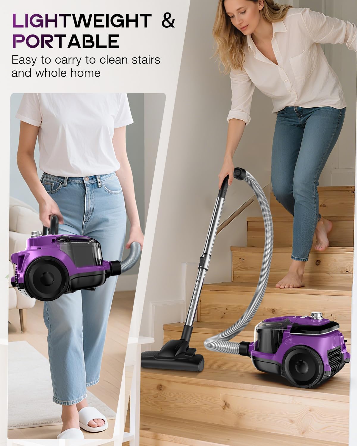 Zefiro Canister Vacuum Cleaner, Bagless Canister Vacuum for Home, Powerful Suction, Auto Cord Rewind, HEPA Filter, Corded Vacuum for Hard Floors, Carpet, Pet Hair, Apartment/Rental Friendly(Purple)