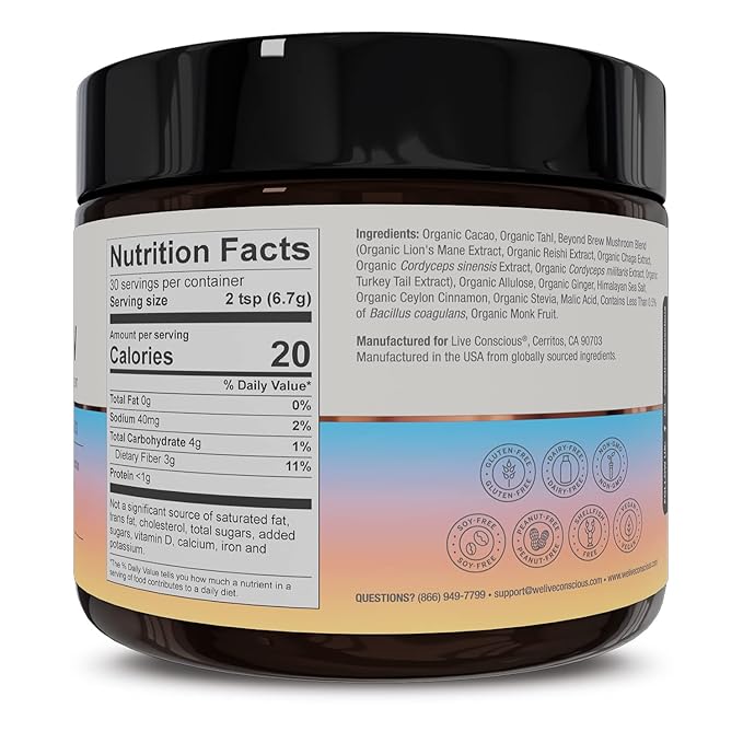 Live Conscious Beyond Brew - Superfood Coffee Alternative - Low Caffeine - Powerful Mushroom Complex - Lion’s Mane, Reishi, Cordyceps & Chaga for Sustained Focus, Energy & Immunity - Prebiotics & Probiotics Supports Gut Health - 30 Servings (3-Pack)