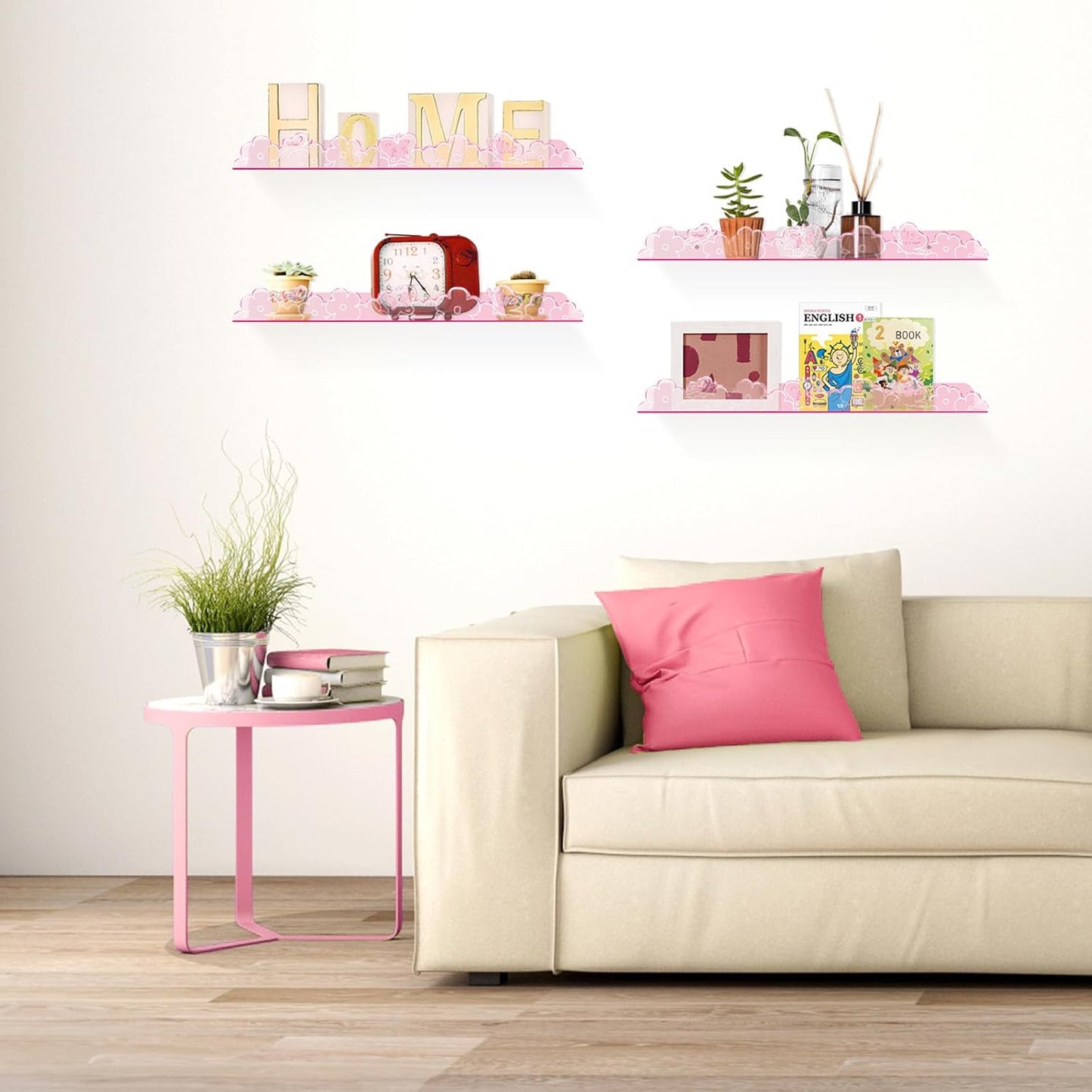 Floating Shelves for Wall,4 Pack 15.7’’x 3.5’’Adhesive Acrylic Shelves Organizer for Book Toy Photo Makeup,Wall-Mounted Kids Storage for Bathroom,Bedroom,Nursery,Pink Butterfly