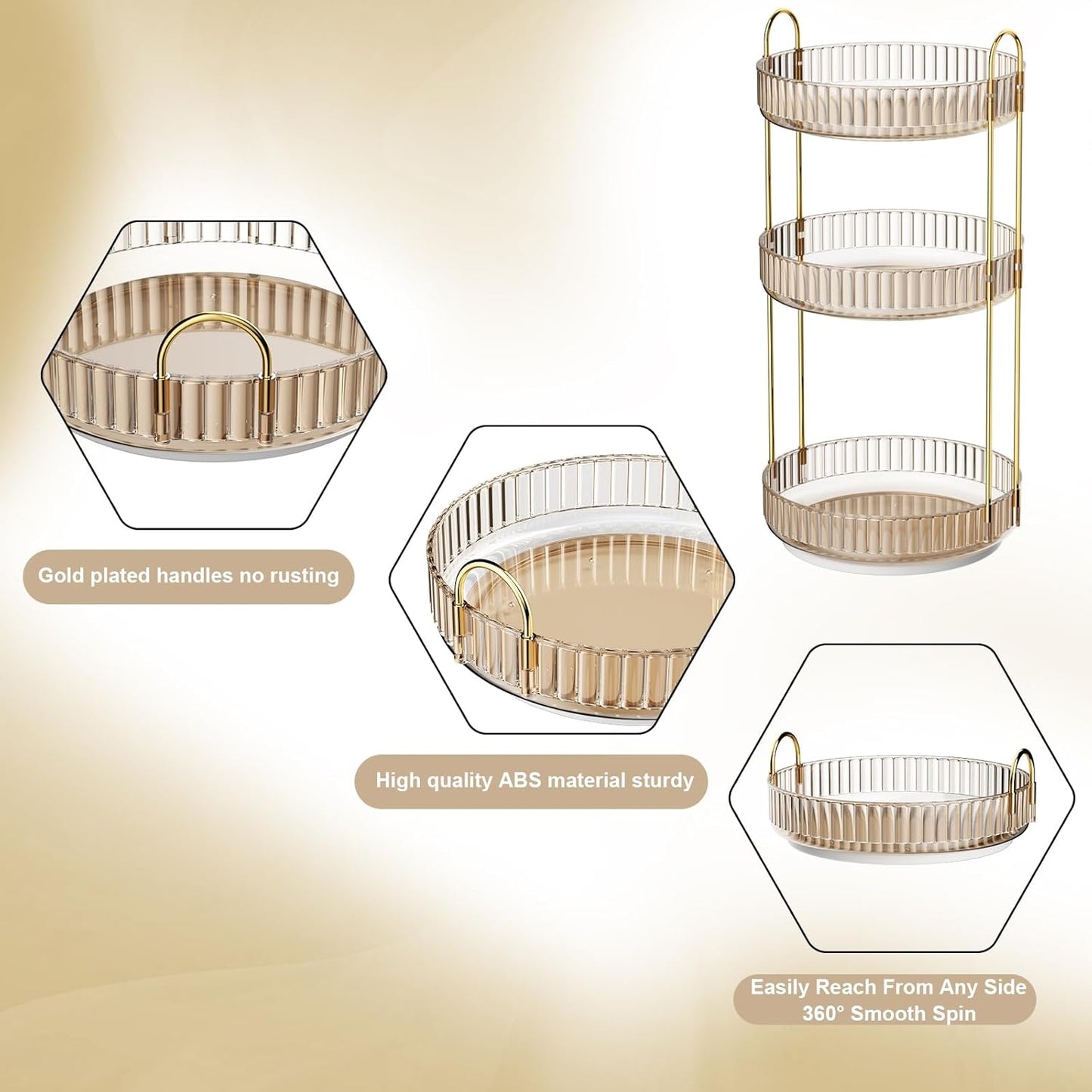 GTI 360°Rotating Makeup Organizer, 3 Tier Large Capacity Perfume Cosmetics Skincare Vanity Organizers,Bathroom Counter Organizer, Dresser Spinning Countertop Organizer and Storage for Women (Gold)