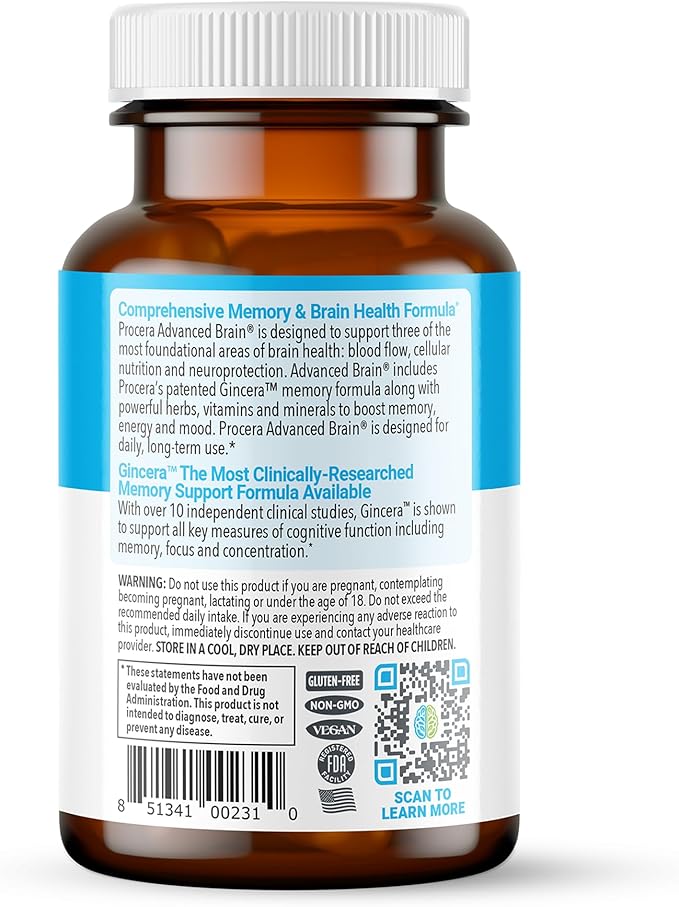 Advanced Brain - Fast Acting - Ingredients Supported by 100+ Studies - Improve Memory, Recall - Concentration - Clears Fog - Mental Clarity - Slows Cognitive Decline - 60 Count
