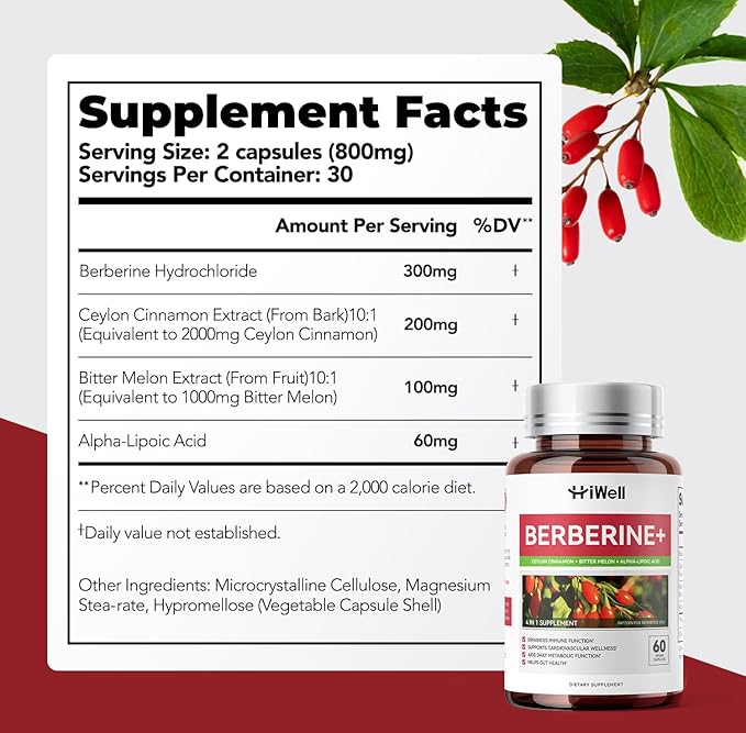 Berberine with Ceylon Cinnamon | Support Blood Sugar, Cholesterol Health & Immune* | Gluten-Free, Non-GMO & Vegan Berberine Supplement | 60 Capsules