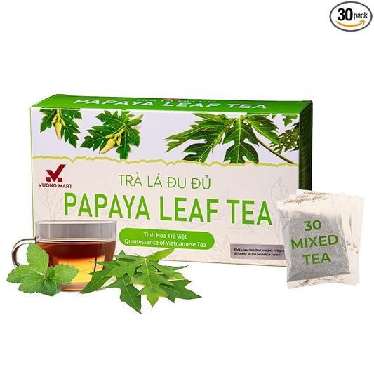 VUONGMART Dried Carica Papaya Leaf Tea, Stevia, 100% Hand Pick, Organic Herbal Tea, 30 Count, Gluten Free, Dairy Free, Sugar Free, Energy Boost & Health Support