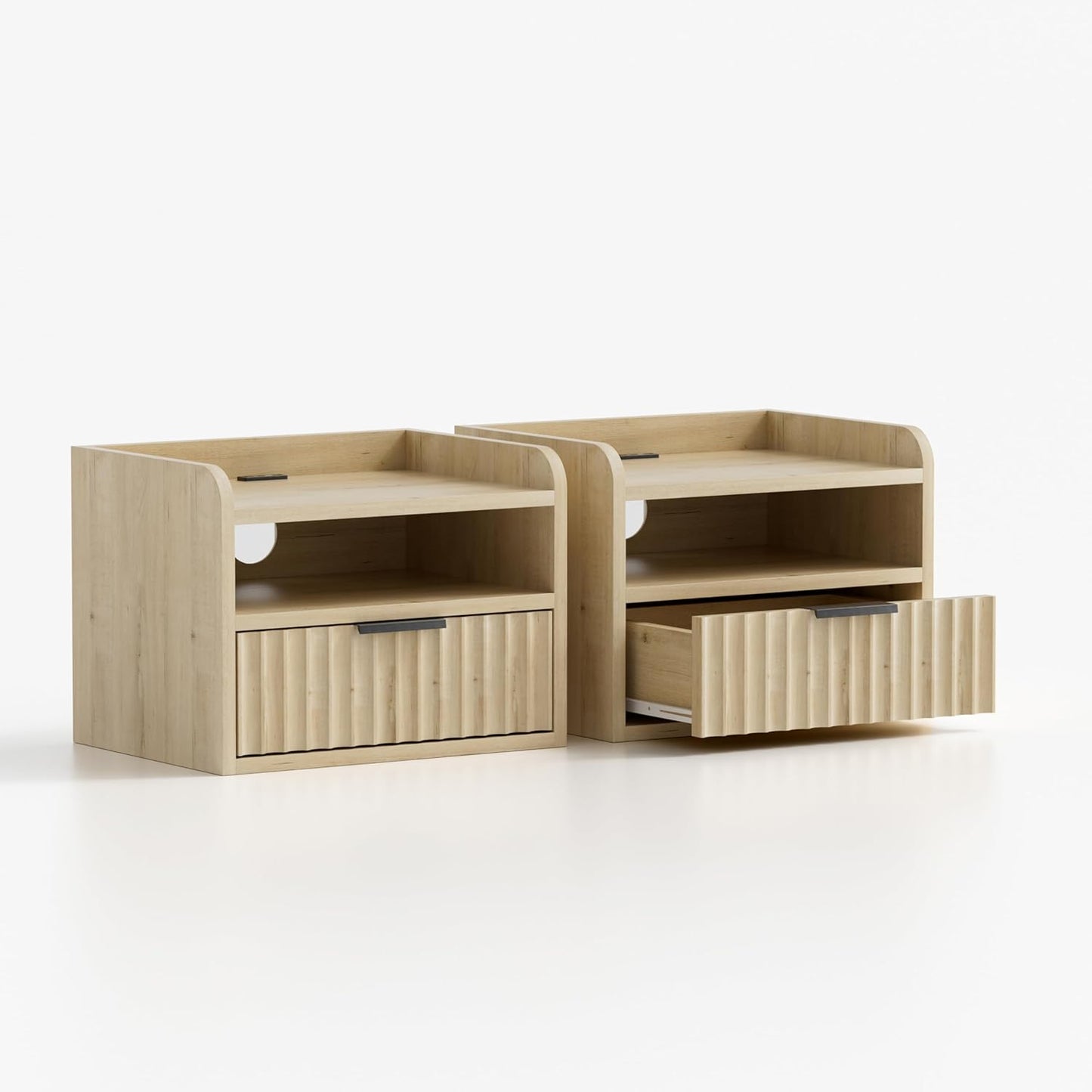 Fluted Floating Nightstands Set of 2 with Drawer, Modern Small Wall Mounted Storage Night Stand with Charging Station, Wood Bedside Table USB C & USB A Ports, Light Oak