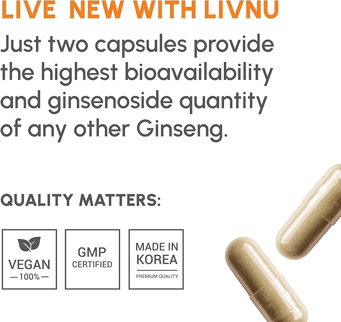 LivNu | Premium Korean Black Panax Ginseng | High Ginsenosides for Energy, Focus, Performance, Stamina, and Immune Support | Vegan Pills
