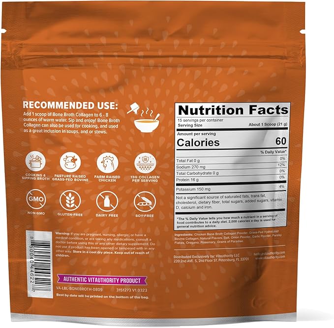 Vitauthority Bone Broth Collagen Delicious Chicken Noodle Flavored - Packed with 16g of Protein & Types I, II, III - Nourishes Skin, Hair, Nails, Joints, & Gut - Beef BoneBroth