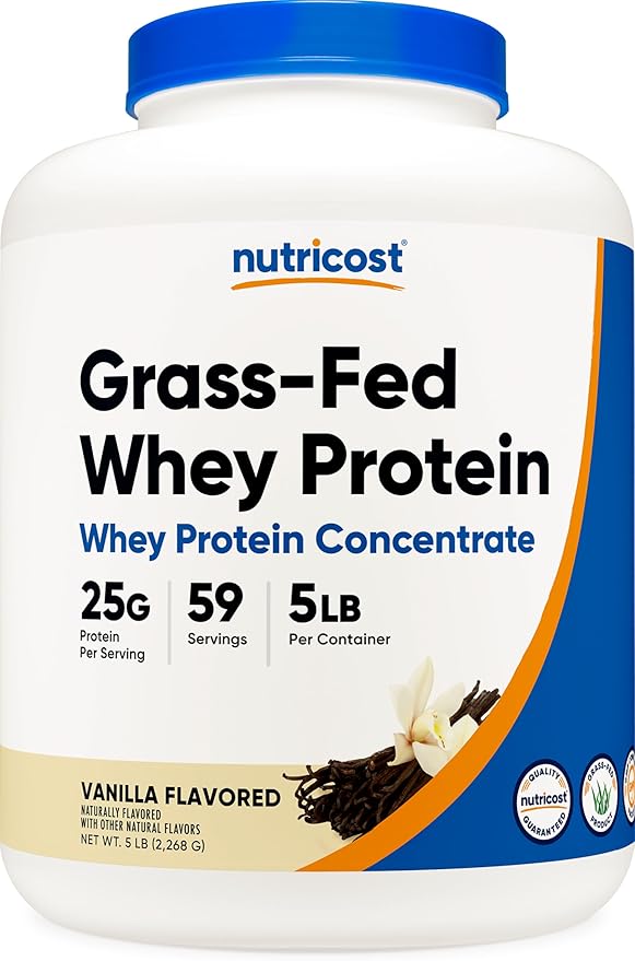 Nutricost Grass-Fed Whey Protein Concentrate (Vanilla) 5LBS - Undenatured, Non-GMO, Gluten Free, Natural Flavors