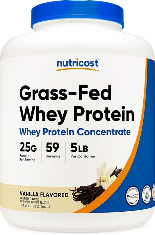 Nutricost Grass-Fed Whey Protein Concentrate (Vanilla) 5LBS - Undenatured, Non-GMO, Gluten Free, Natural Flavors