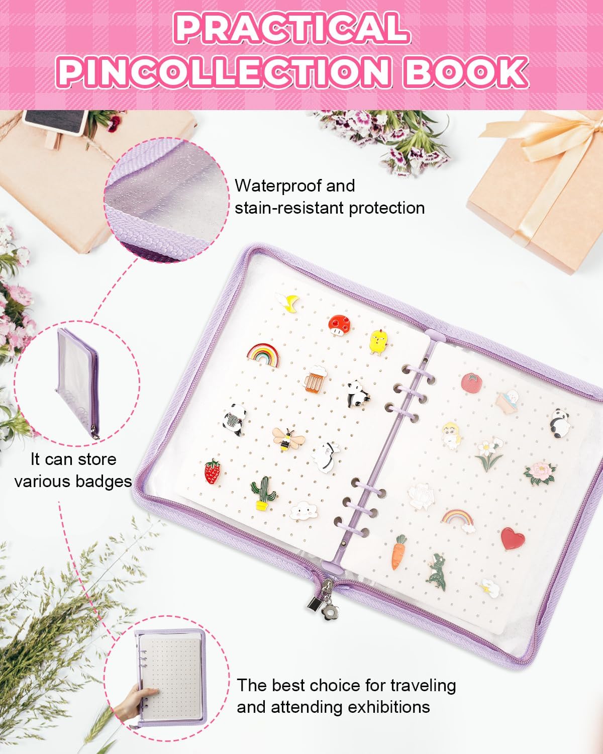 UCEC Enamel Pin Display Book & 50 PCS Pin Backs, A5 Album Pin Collection Binder for Brooch Pins, Purple 6-Page Zippered Pinfolio Trading Organizer, Enamel Pin Storage Display Book, Collectors Album